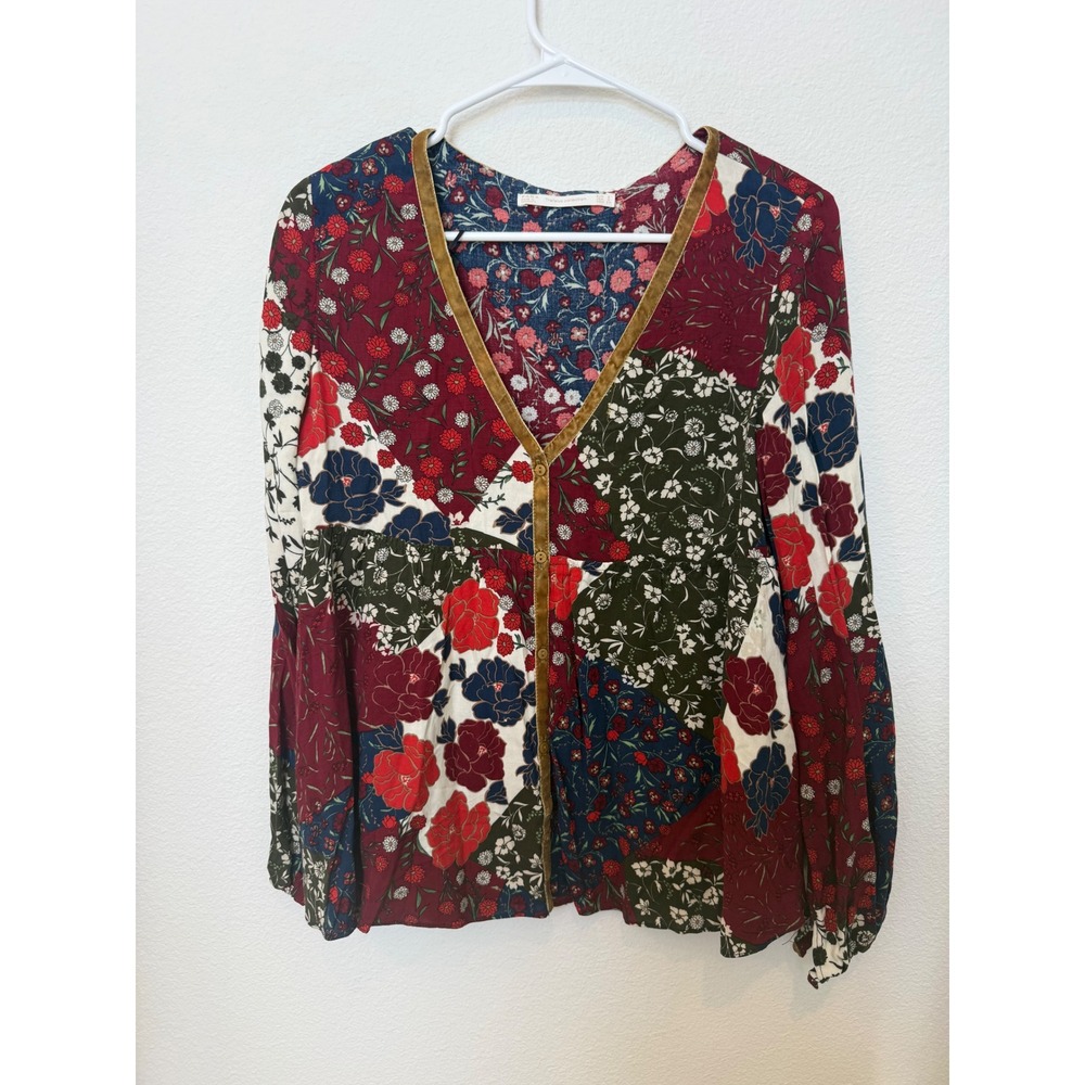 Zara Trafaluc V Neck Floral Velvet Trim Peasant Blouse Burgundy Navy Small